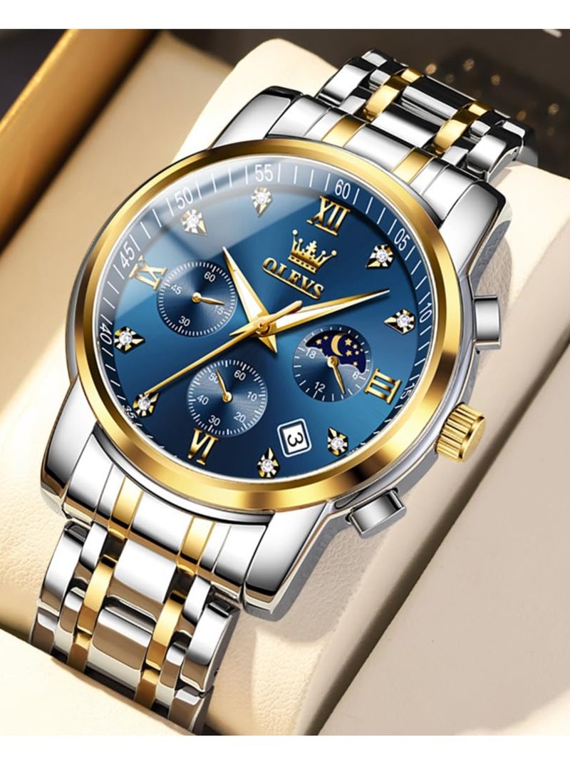 OLEVS Diamond Watches for Men,Business Dress Watch Waterproof Luminous,Male Golden Big Dial Luxury Casual Quartz Analog Watches with Day Date Calendar and Stainless Steel Band - Image 4