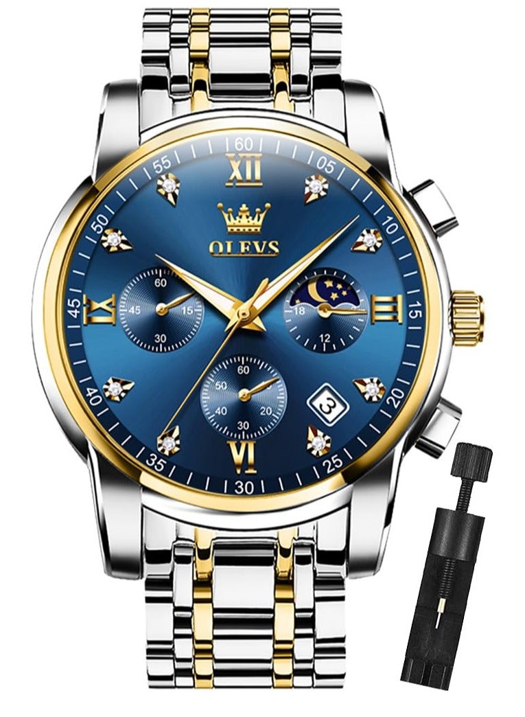 OLEVS Diamond Watches for Men,Business Dress Watch Waterproof Luminous,Male Golden Big Dial Luxury Casual Quartz Analog Watches with Day Date Calendar and Stainless Steel Band - Image 1