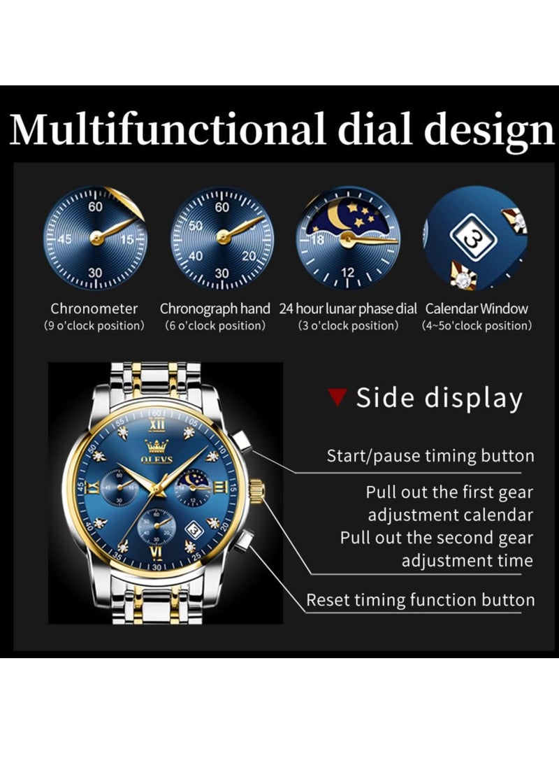 OLEVS Diamond Watches for Men,Business Dress Watch Waterproof Luminous,Male Golden Big Dial Luxury Casual Quartz Analog Watches with Day Date Calendar and Stainless Steel Band - Image 3