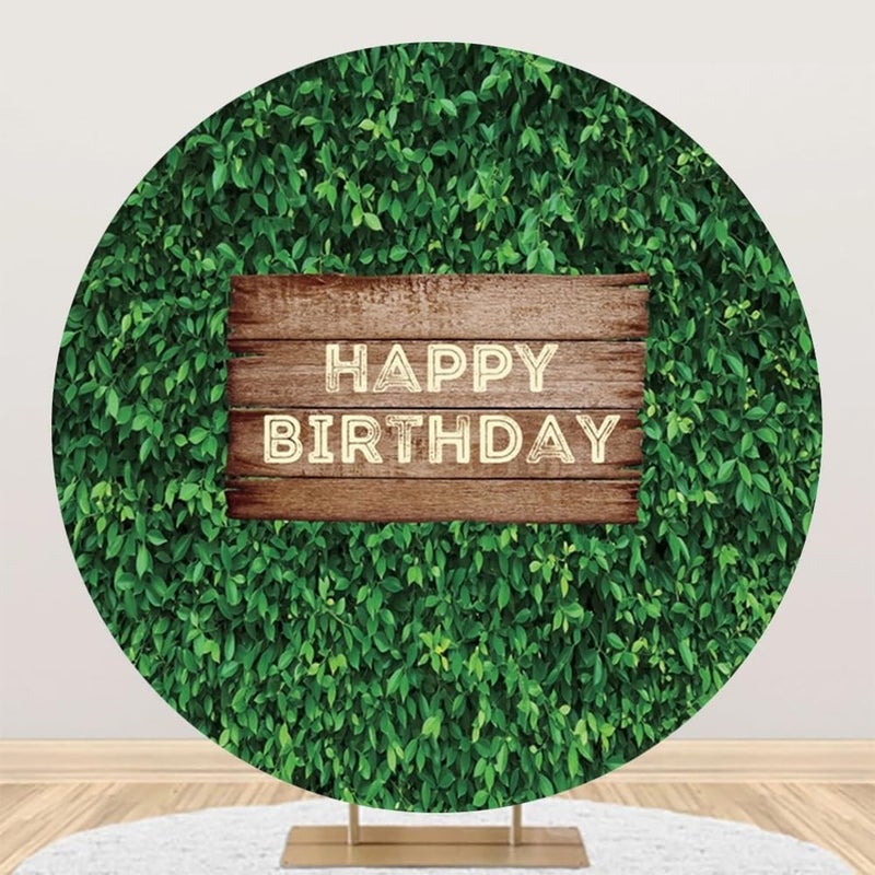 Laeacco 75x75ft Greenery Happy Birthday Round Backdrop Spring Green Leaves Nature Plant Photography Background for Safri Jungle Themed Birthday Baby Shower Party Decor Portrait Photo Booth Props - Image 1