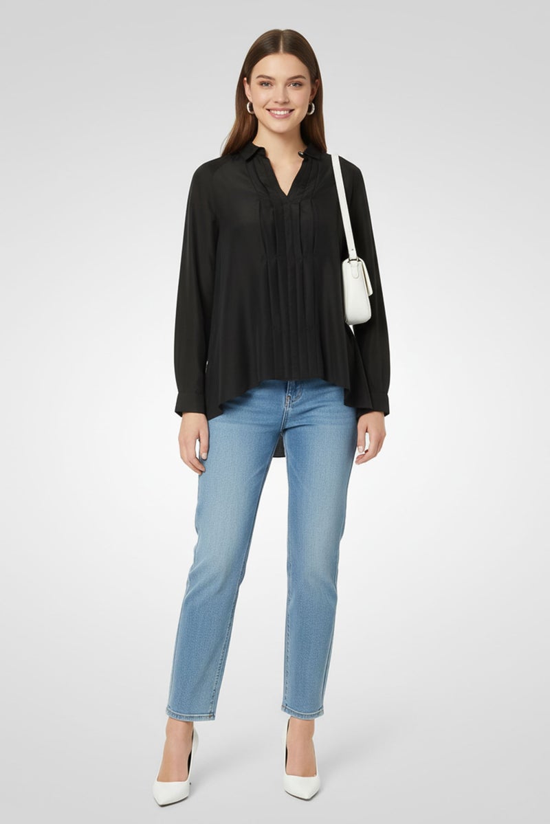 Harmont & Blaine Women Pointed Collar Pleated Blouse, Black - Image 3