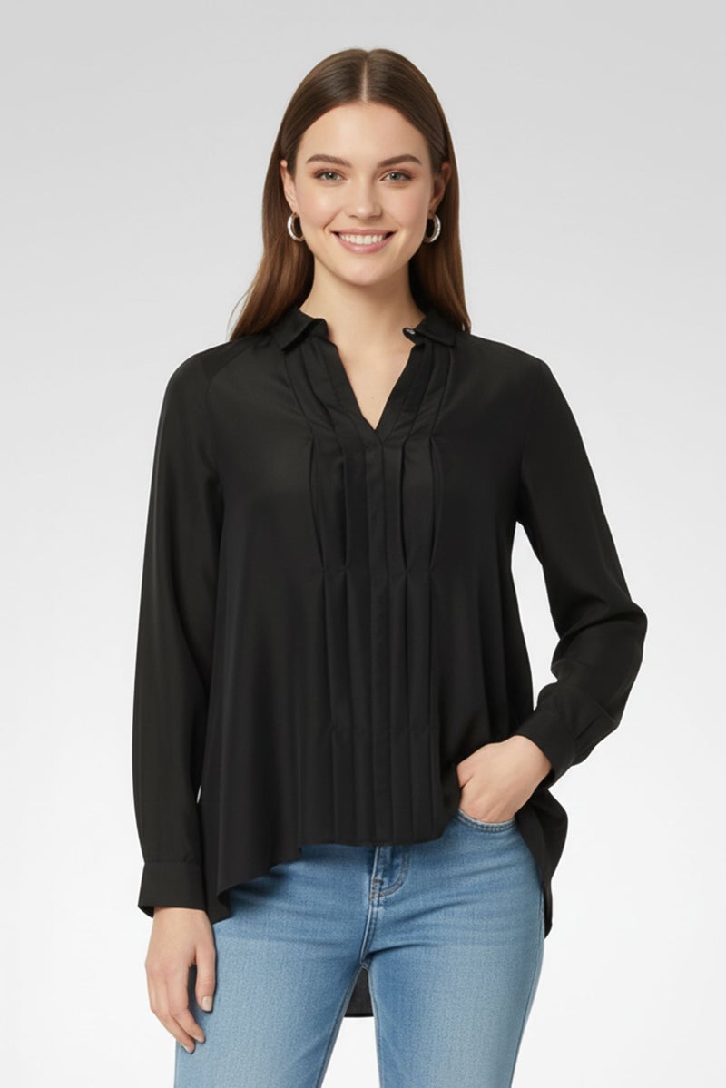 Harmont & Blaine Women Pointed Collar Pleated Blouse, Black - Image 1