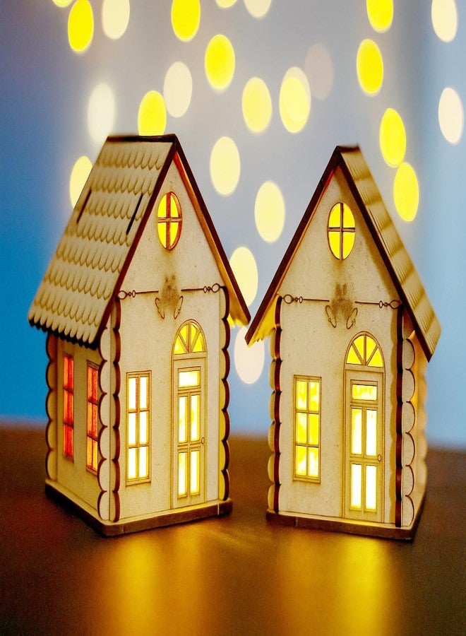Raystar™ DIY Wooden House LED Hanging Tealight Holder, Natural MDF Construction, Decorative Cottage Design, Indoor Display (2 House) - Image 1