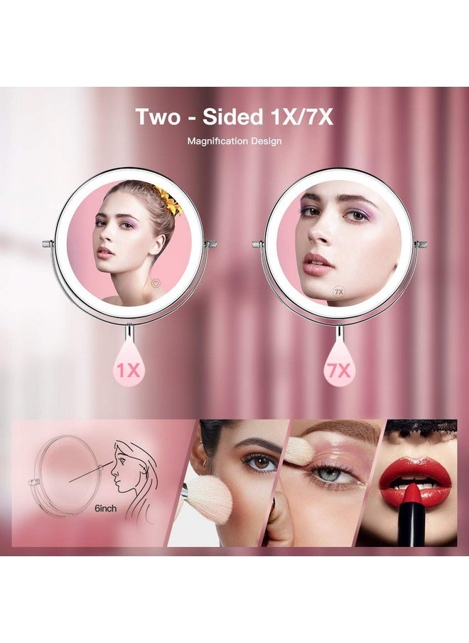 KDKD - Lighted Makeup Mirror 7X Magnifying Swivel Vanity Mirror With 72 Led Lights 3 Color Modes, 8 Inch Round Tabletop Standing Polished Chrome Finished Cosmetic Mirror Rechargeable. - Image 1