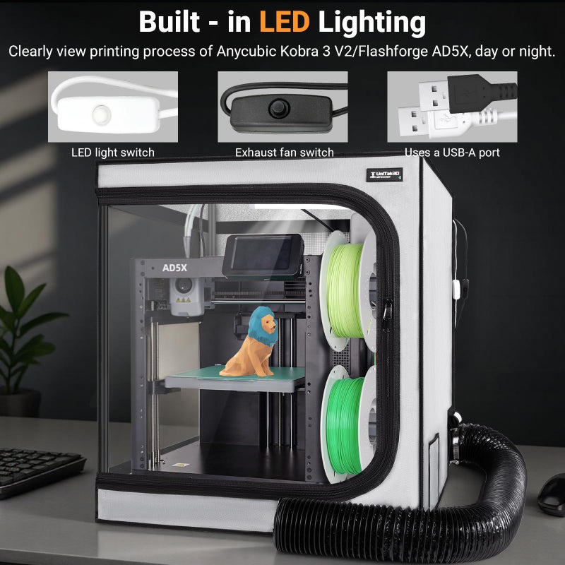 UniTak3D 3D Printer Enclosure with Ventilation Kit for Anycubic Kobra 3/3 V2 Combo/Flashforge AD5X 3D Printers,Fireproof & Dustproof Noise Reduction 3D Printer Cover with USB LED Lighting System-580*650*650mm - Image 5