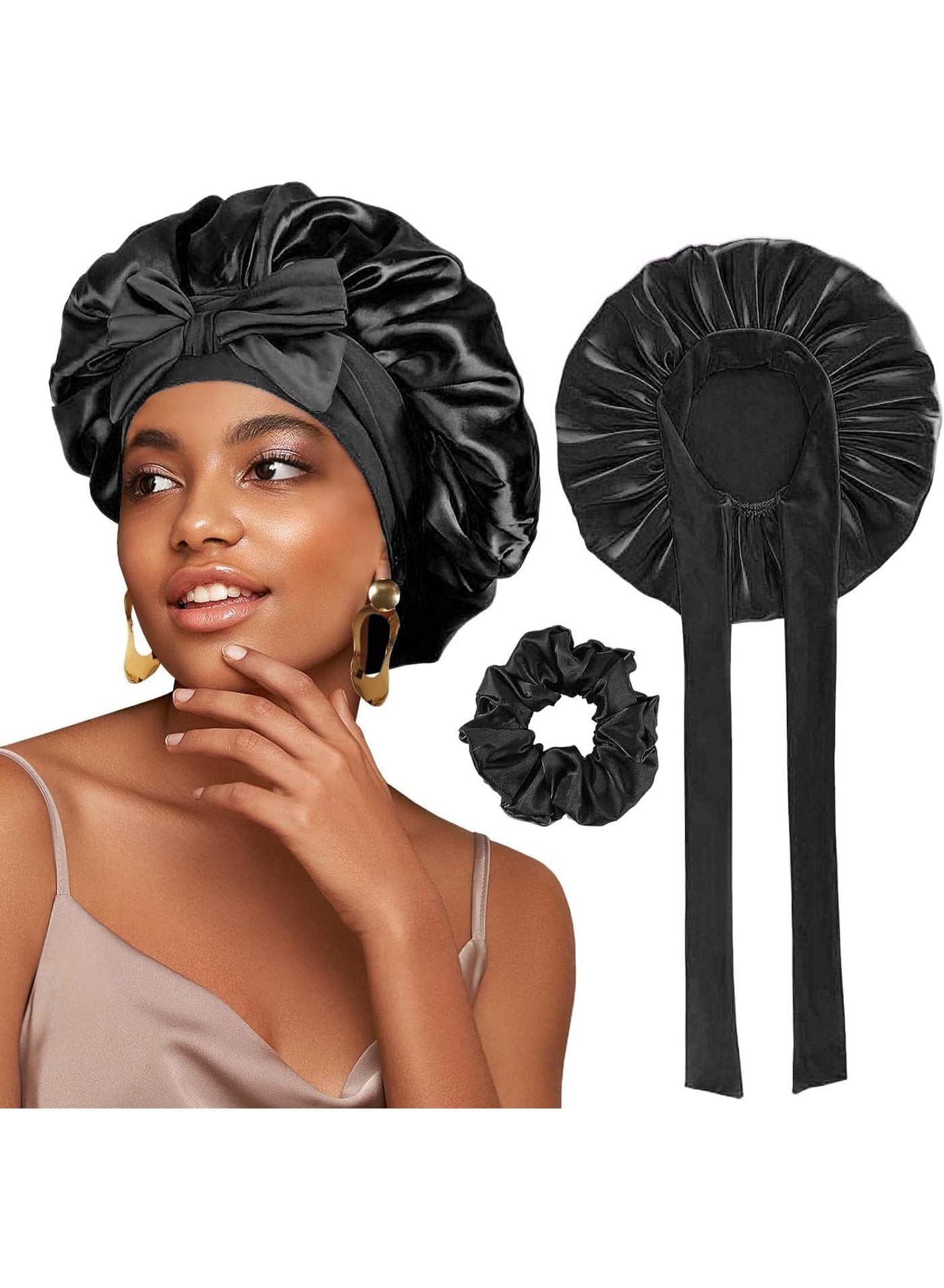 Silky satin cap for sleeping, single layer braided hair cap + satin headband as a gift