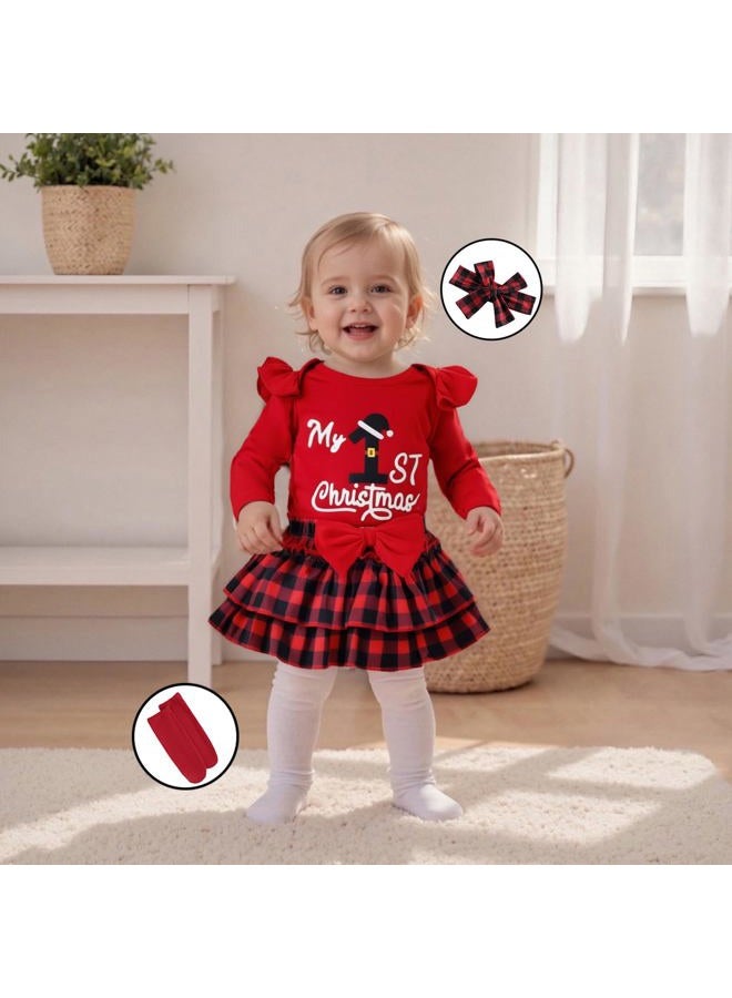 Bonangber Newborn Baby Girl Christmas Outfit Long Sleeve Romper Christmas Onesie Bloomers Shorts Set Cute Fall Winter Clothes, A-magenta, 9-12 months - Image 2