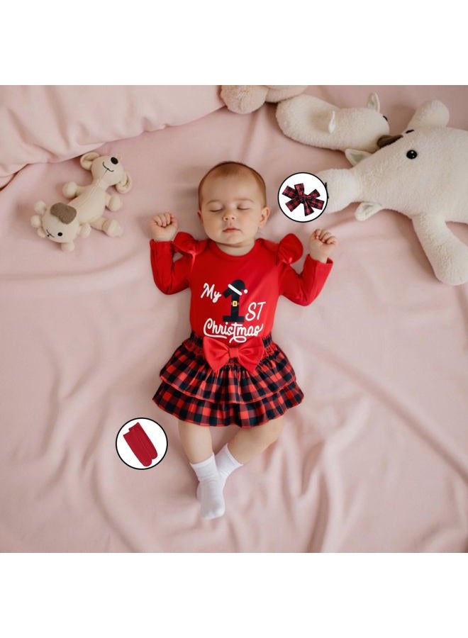 Bonangber Newborn Baby Girl Christmas Outfit Long Sleeve Romper Christmas Onesie Bloomers Shorts Set Cute Fall Winter Clothes, A-magenta, 9-12 months - Image 3