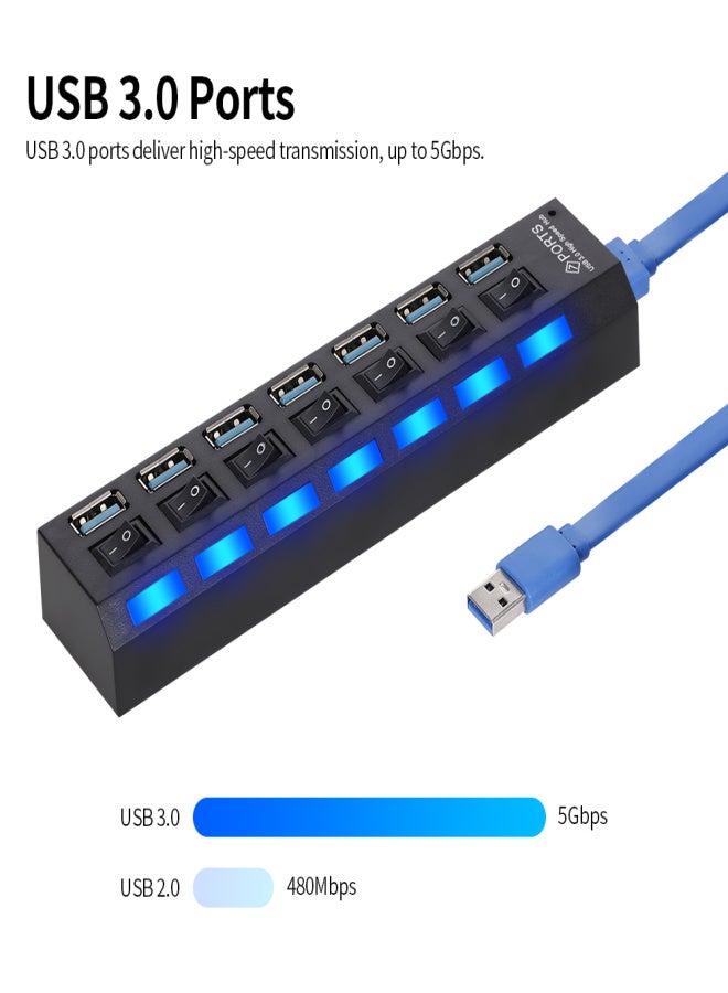 موزع USB 3.0 بسبعة منافذ، مقسم USB، موسع منافذ مع مفتاح تحويل للكمبيوتر الشخصي - Image 2