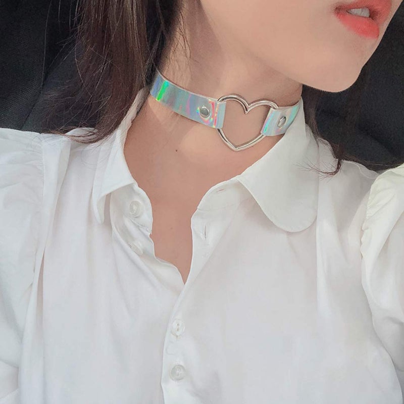 ETHOON Love Heart Choker PU Leather Choker Necklace Goth Choker Collar Chain Laser Silver - Image 2