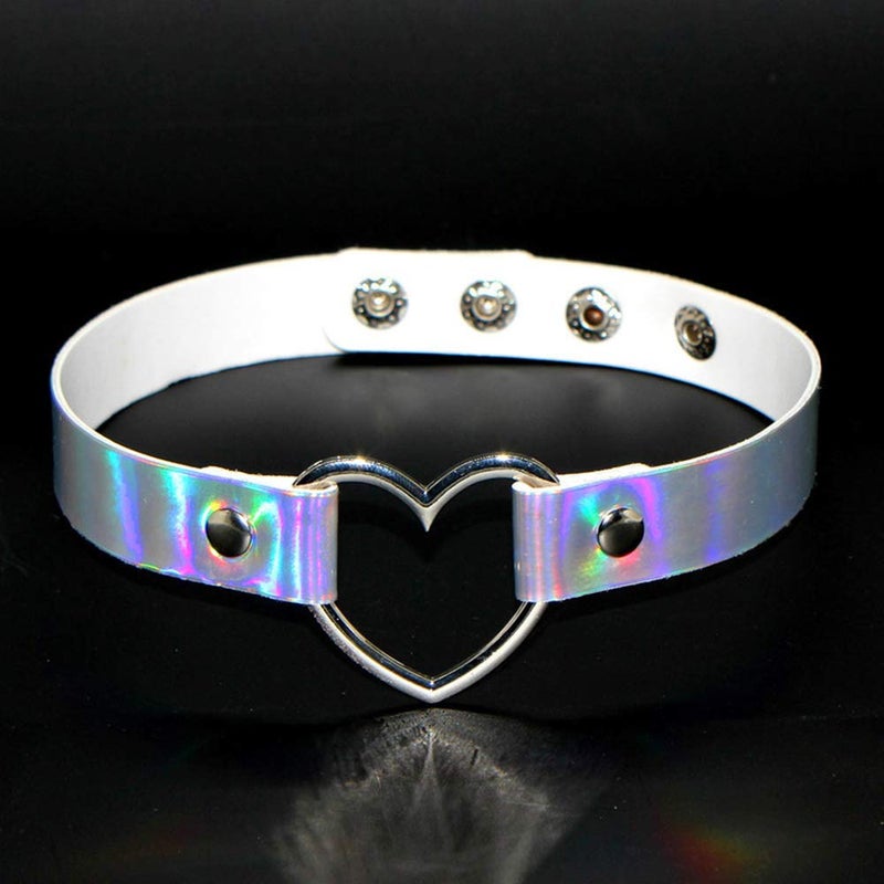 ETHOON Love Heart Choker PU Leather Choker Necklace Goth Choker Collar Chain Laser Silver - Image 5
