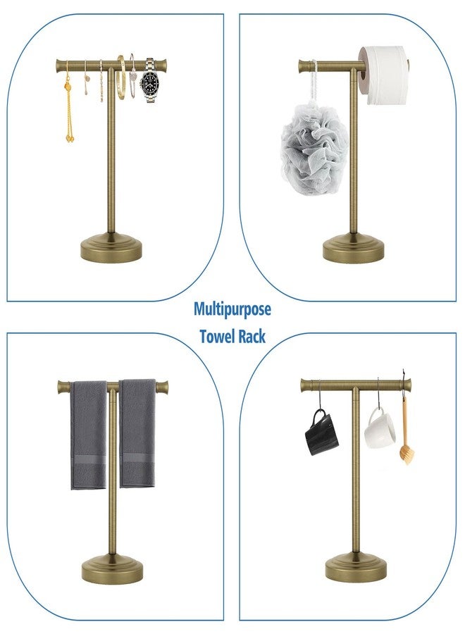 RUMOSE 13 Inch Antique Brass Towel Bar Stand Hand Holder Bathroom Kitchen Vanity Countertop T-Shape Towel Rack Free Standing Stainless Steel - Image 3