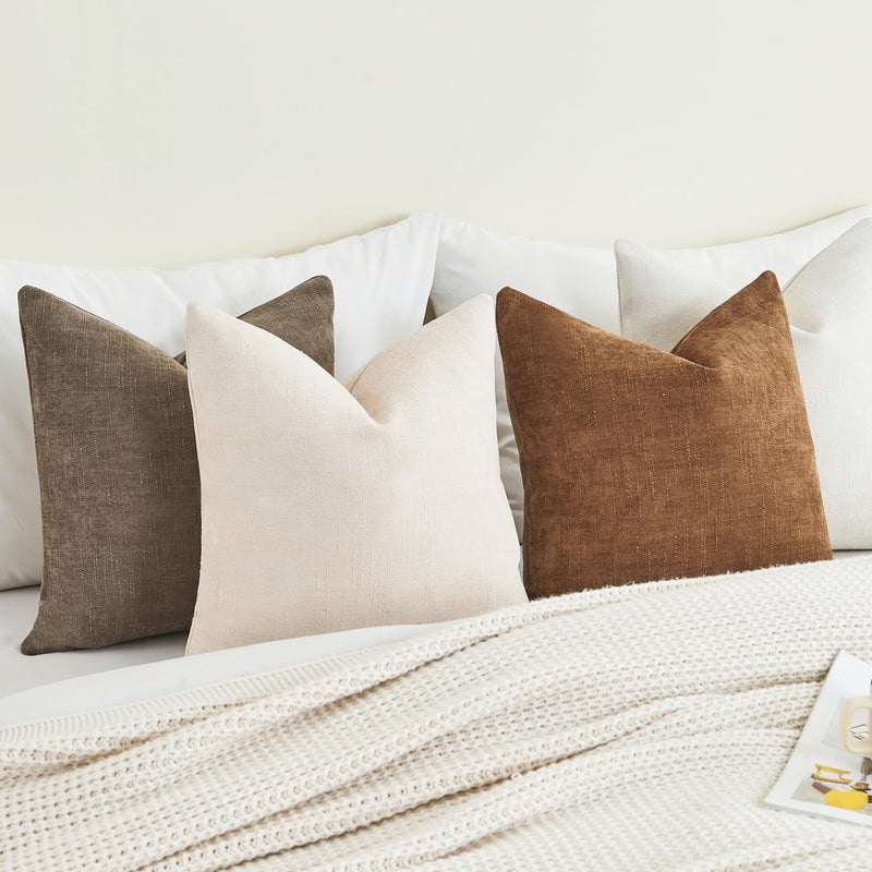 GriNeed Pack of 4 Throw Pillow Covers 20x20 Inch Chenille Textured Neutral Brown Soft Pillow Covers Solid Decorative Farmhouse Cushion Covers Home Boho Western Decor for Couch Sofa Bed Living Room - Image 4