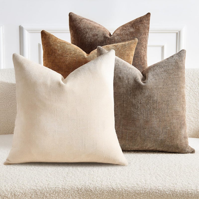GriNeed Pack of 4 Throw Pillow Covers 20x20 Inch Chenille Textured Neutral Brown Soft Pillow Covers Solid Decorative Farmhouse Cushion Covers Home Boho Western Decor for Couch Sofa Bed Living Room - Image 1