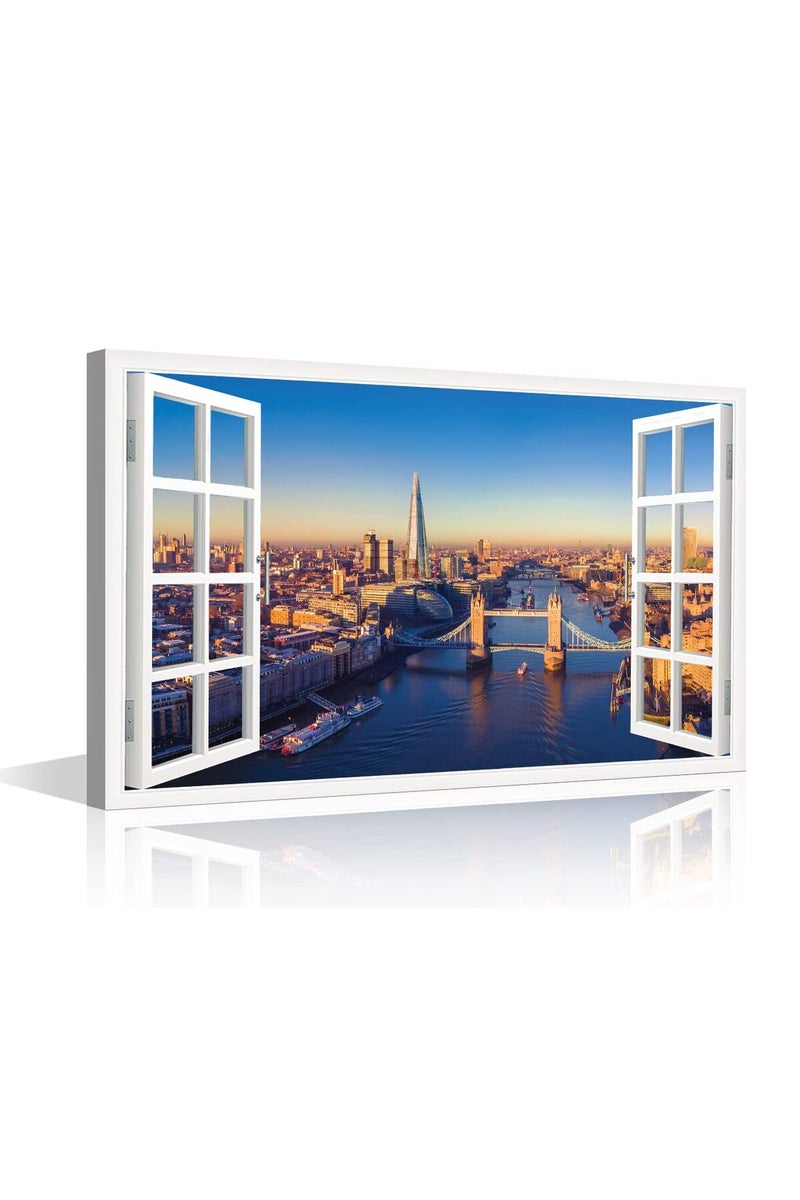 TISHIRON 3D Window Effect London Canvas Art Wall Framed Capital of England Cityscape Natural View Pictures for Home Living Room Dining Room Wall Decor Posters Prints Ready to Hang - 24" W x 16" H - Image 1