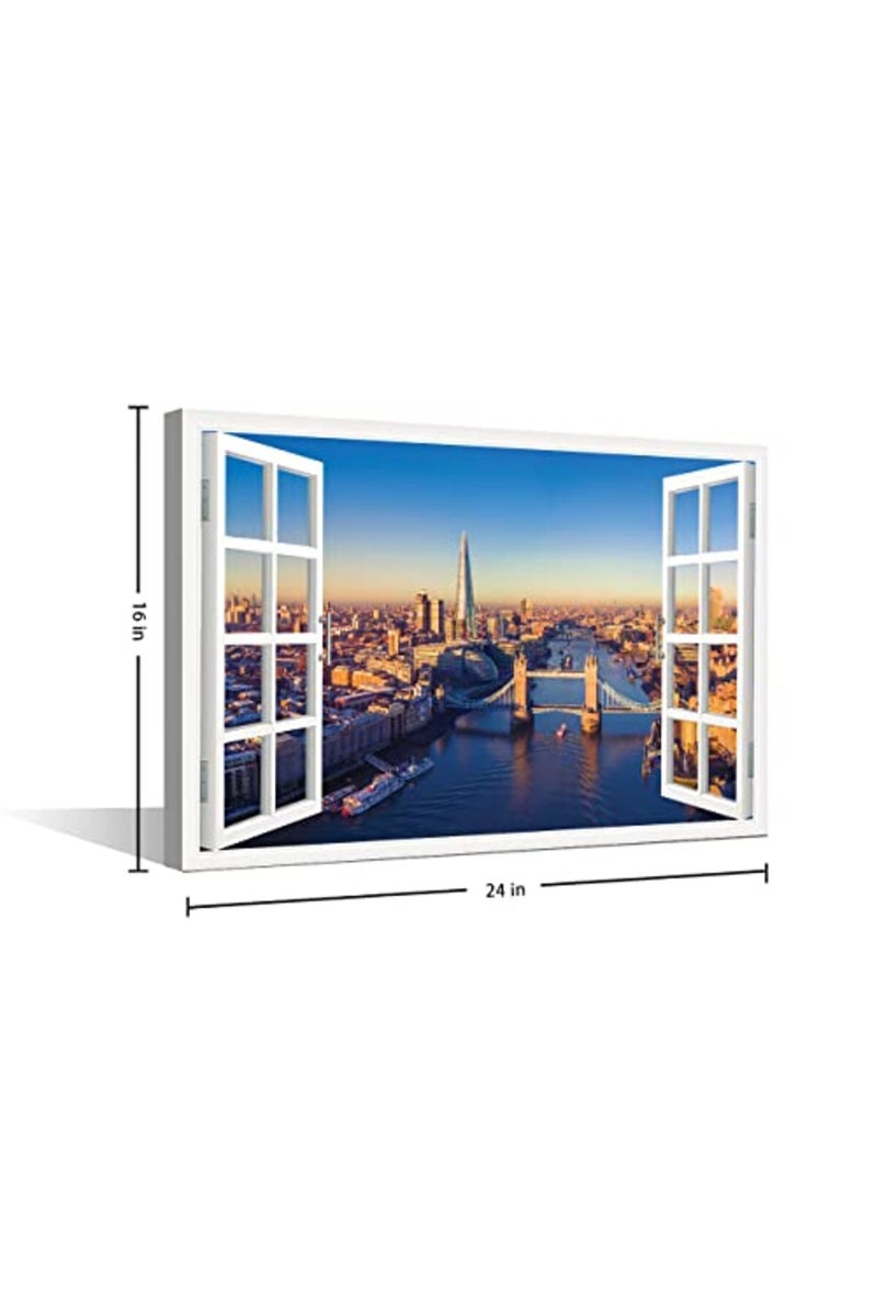 TISHIRON 3D Window Effect London Canvas Art Wall Framed Capital of England Cityscape Natural View Pictures for Home Living Room Dining Room Wall Decor Posters Prints Ready to Hang - 24" W x 16" H - Image 5