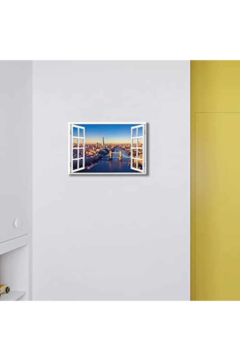 TISHIRON 3D Window Effect London Canvas Art Wall Framed Capital of England Cityscape Natural View Pictures for Home Living Room Dining Room Wall Decor Posters Prints Ready to Hang - 24" W x 16" H - Image 3