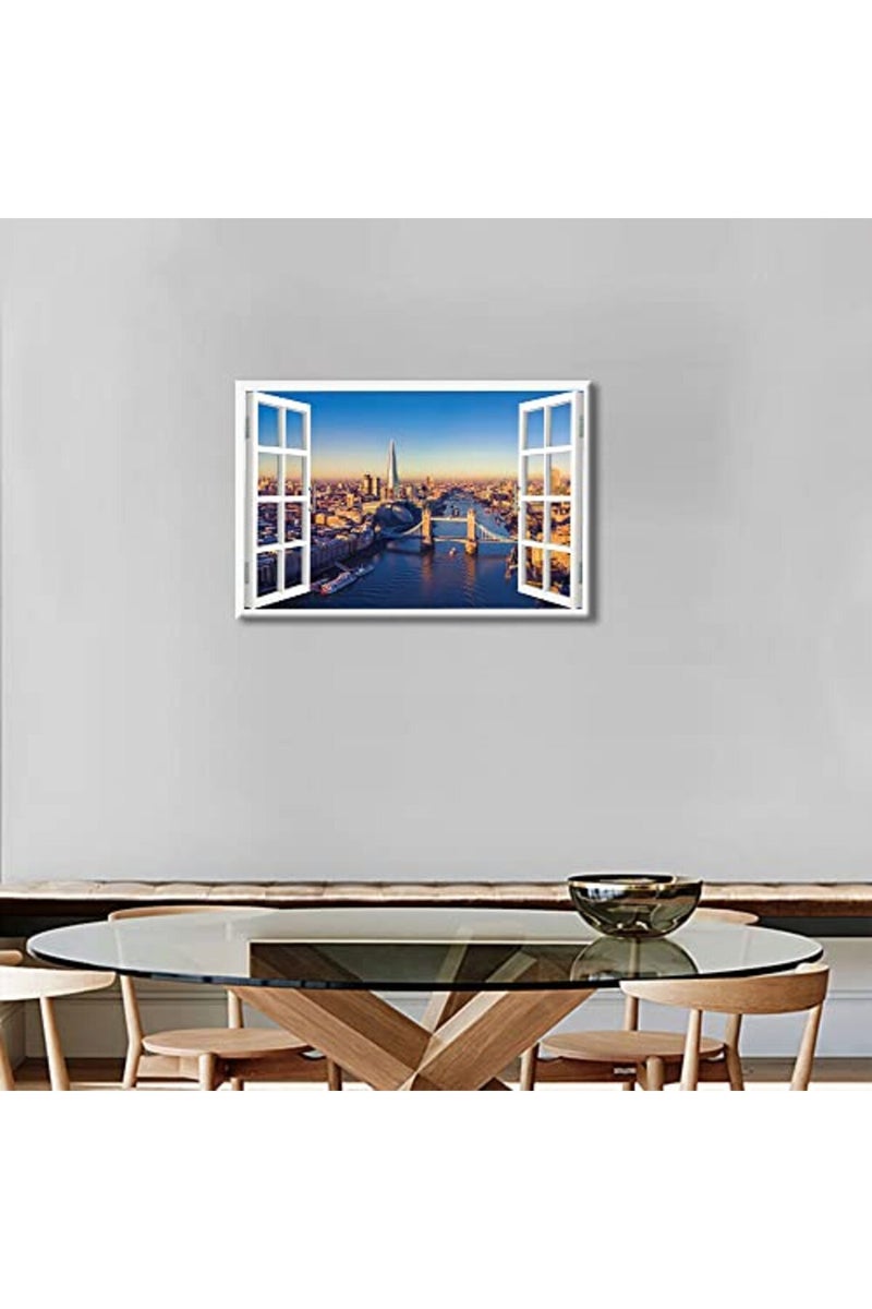 TISHIRON 3D Window Effect London Canvas Art Wall Framed Capital of England Cityscape Natural View Pictures for Home Living Room Dining Room Wall Decor Posters Prints Ready to Hang - 24" W x 16" H - Image 4