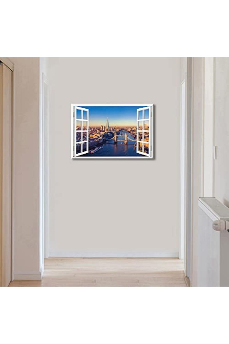TISHIRON 3D Window Effect London Canvas Art Wall Framed Capital of England Cityscape Natural View Pictures for Home Living Room Dining Room Wall Decor Posters Prints Ready to Hang - 24" W x 16" H - Image 2