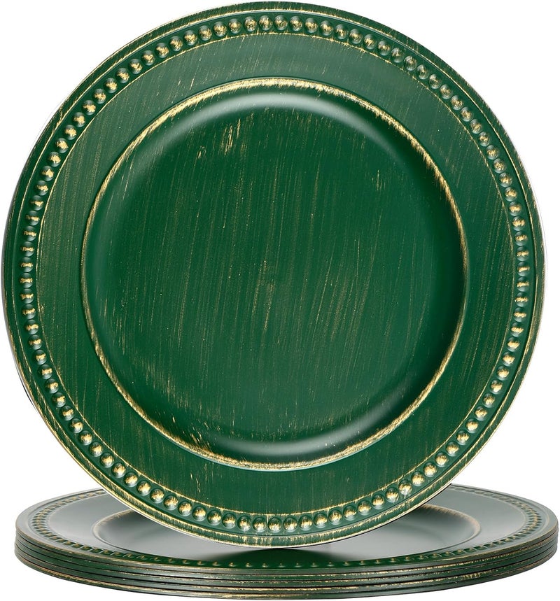 Kazozobi Vintage Charger Plates Set of 6 Beaded Charger  Service Plate Plastic Charger Plate Set Bulk Wedding Easter Event Holiday Elegant Table Setting Centerpieces Hunter Green - Image 1