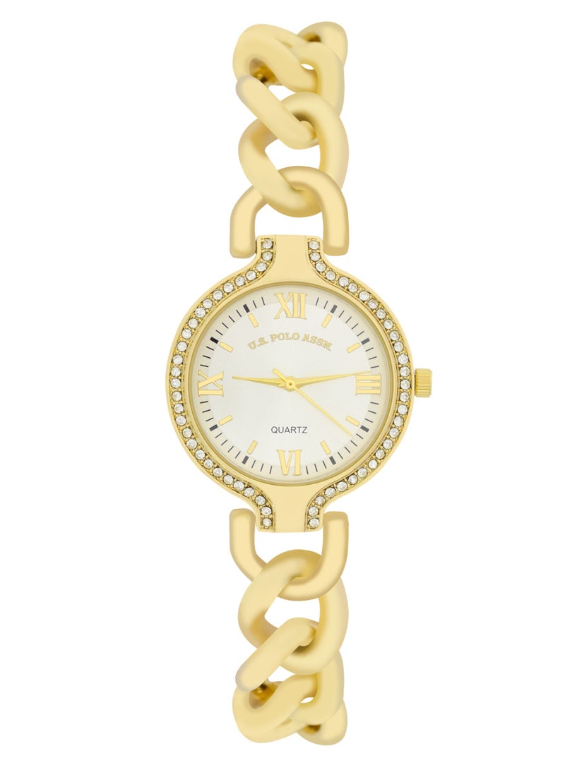 يو اس بولو اسن طقم ساعة كوارتز أنالوج مطلية بالذهب مع سوار للنساء - Image 3