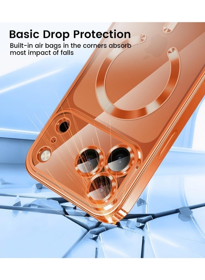 جراب حماية لهاتف آيفون 17 برو ماكس مع واقي لعدسة الكاميرا، جراب واقٍ متوافق مع الشحن اللاسلكي، جراب حماية مطلي بالكهرباء مقاوم للخدوش والصدمات لهاتف آيفون 17 برو ماكس، مناسب للرجال والنساء، باللون البرتقالي - Image 4