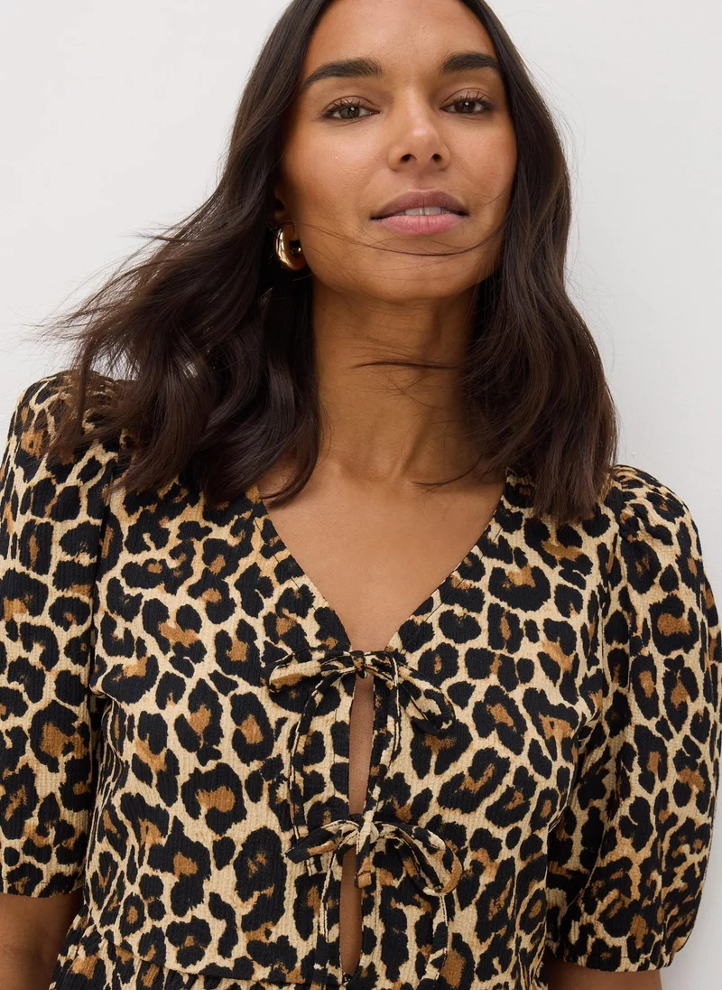 Matalan Brown Animal Print Textured Tie Front Top