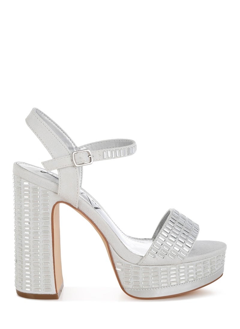 London Rag - Rhinestones Embellished High Block Heels in Silver - Image 1