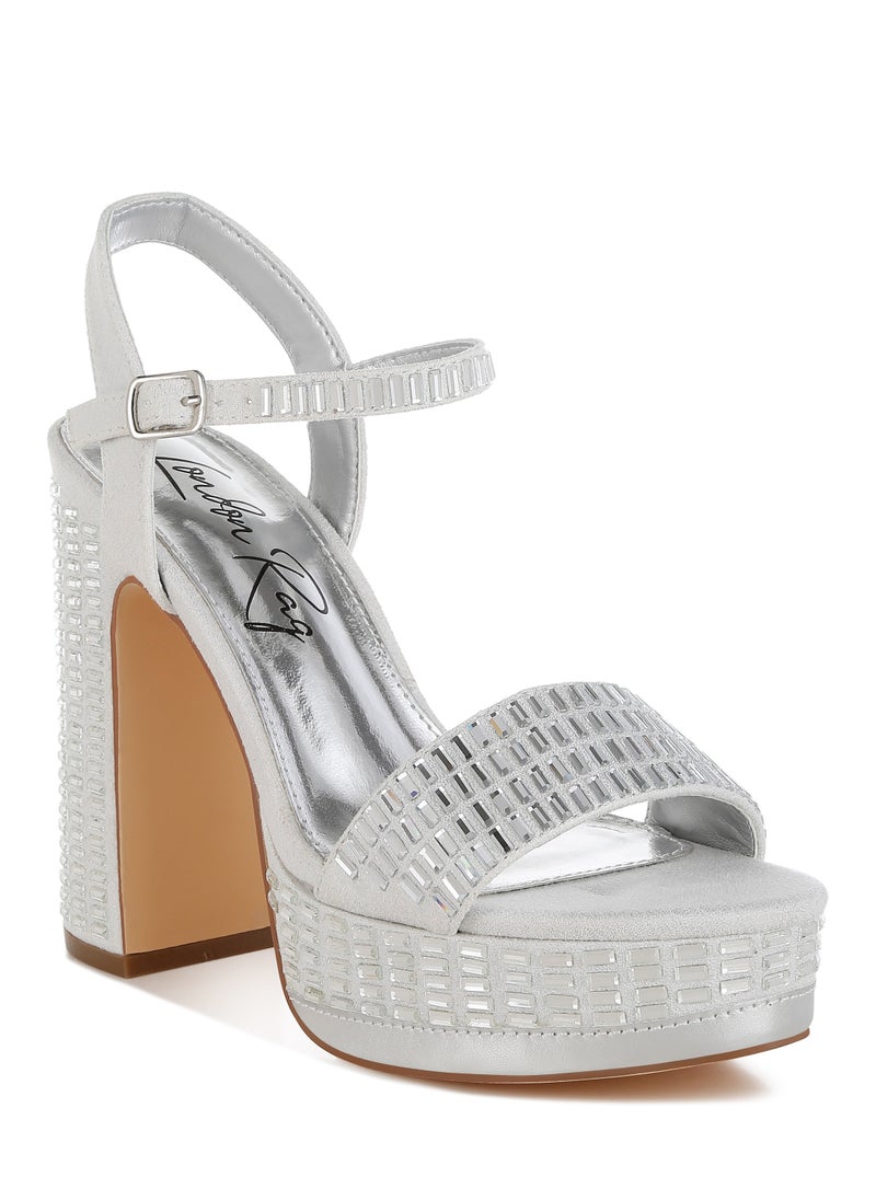 London Rag - Rhinestones Embellished High Block Heels in Silver - Image 1