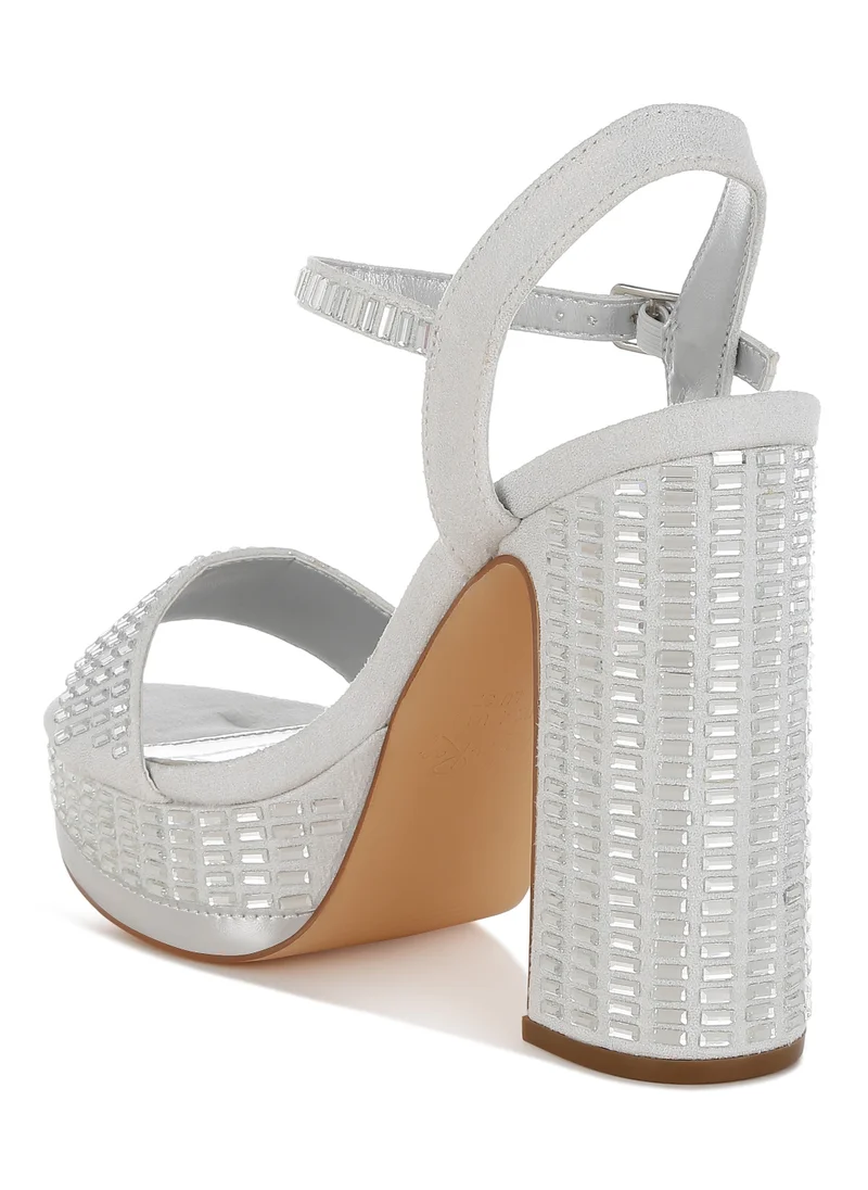 London Rag Rhinestones Embellished High Block Heels in Silver
