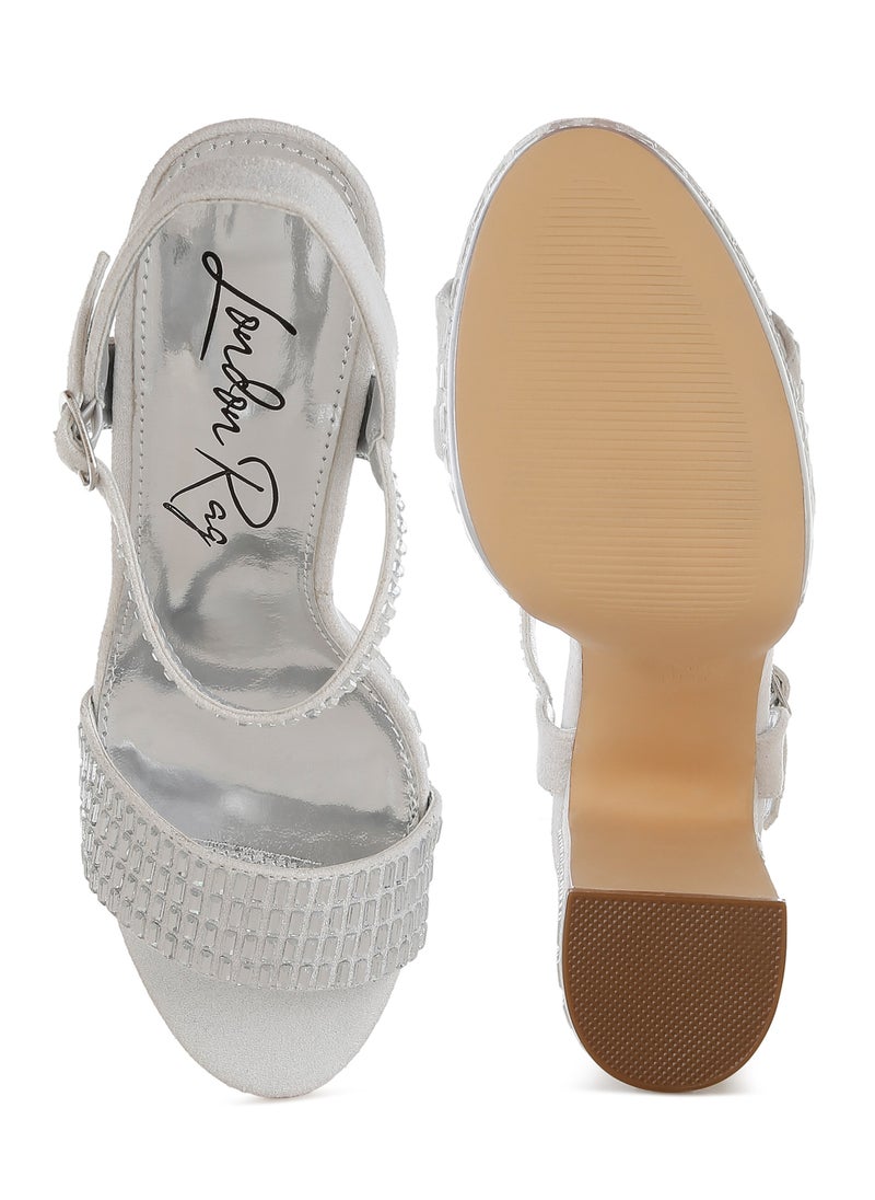 London Rag - Rhinestones Embellished High Block Heels in Silver - Image 1