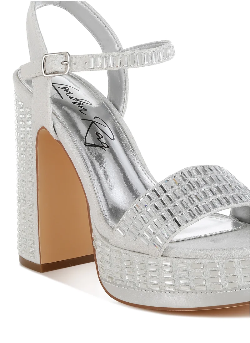London Rag Rhinestones Embellished High Block Heels in Silver