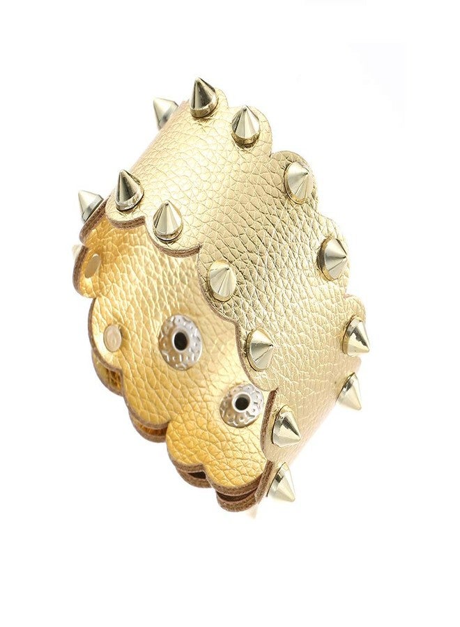 Pingyongchang Unisex Metal Waterproof Leather Bracelet Punk Spike Rivet Cuff Metal Studded Black Wristband Party Jewelry Gifts-Gold - Image 1