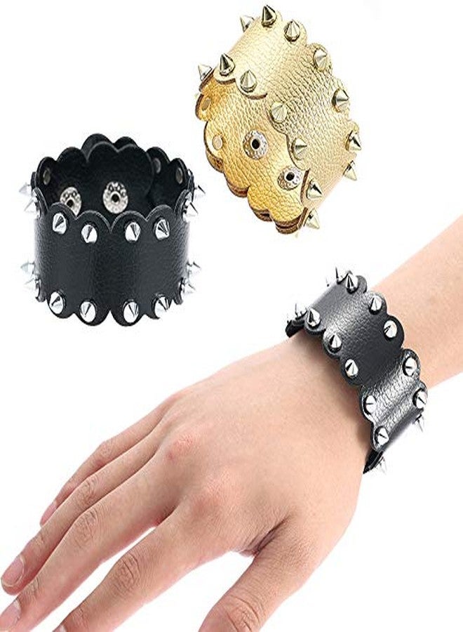 Pingyongchang Unisex Metal Waterproof Leather Bracelet Punk Spike Rivet Cuff Metal Studded Black Wristband Party Jewelry Gifts-Gold - Image 4