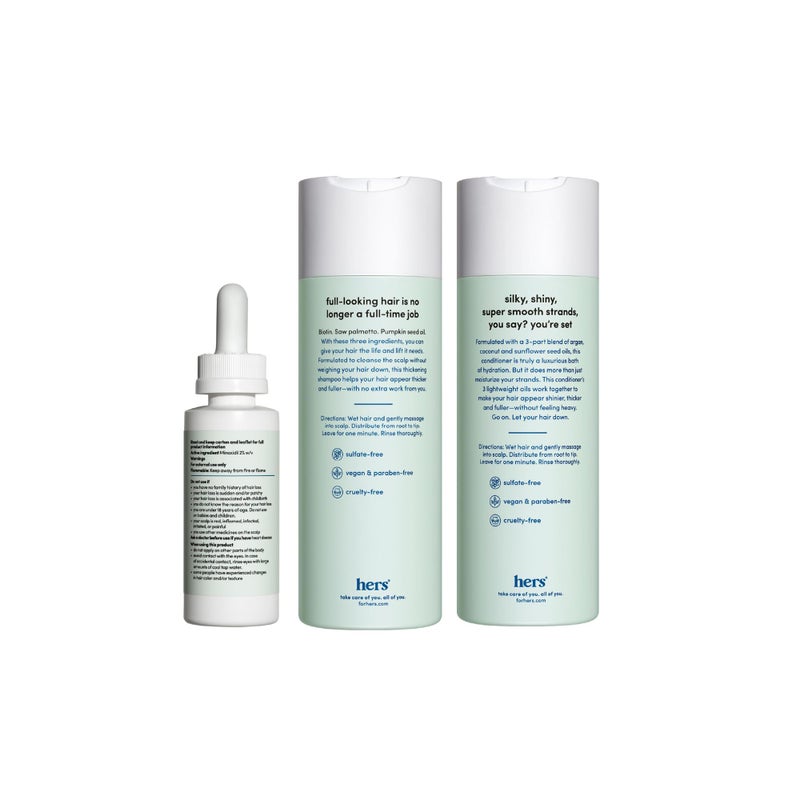 HIMS & HERS hers Triple Threat Shampoo, Conditioner and Minoxidil Set - Hair Loss Treatment for Women - Includes 2% Serum Minoxidil Treatment, Color Safe Hair Thickening Shampoo and Conditioner - 3 Count - Image 2
