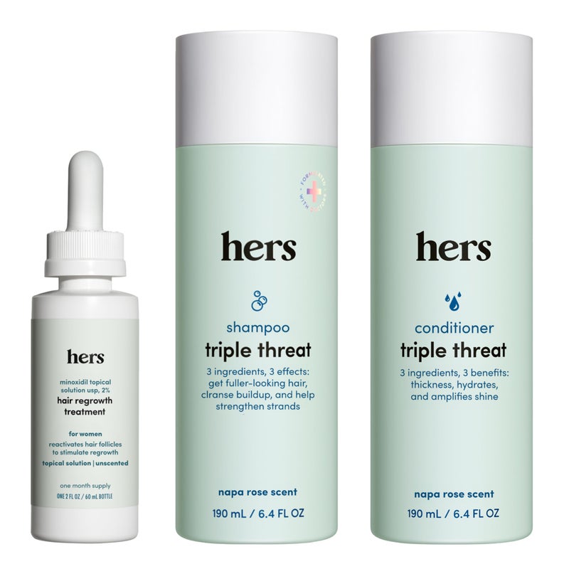 HIMS & HERS hers Triple Threat Shampoo, Conditioner and Minoxidil Set - Hair Loss Treatment for Women - Includes 2% Serum Minoxidil Treatment, Color Safe Hair Thickening Shampoo and Conditioner - 3 Count - Image 1