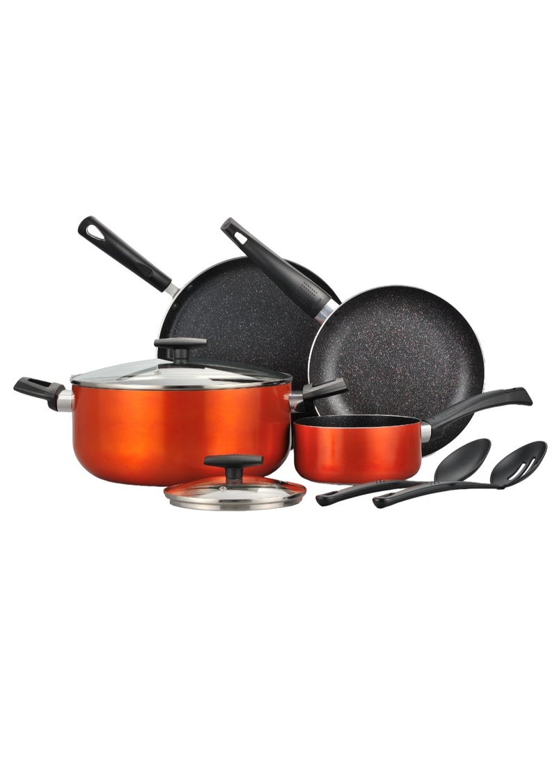 BERGNER طقم أواني الطهي ULTRA 8 قطع، طقم طهي من الألمنيوم المضغوط، أواني طهي ذات قاعدة حثية، أواني طهي مغطاة بالرخام + غير لاصقة، مناسبة لجميع المواقد، لون برتقالي معدني، BG31309OR - Image 2