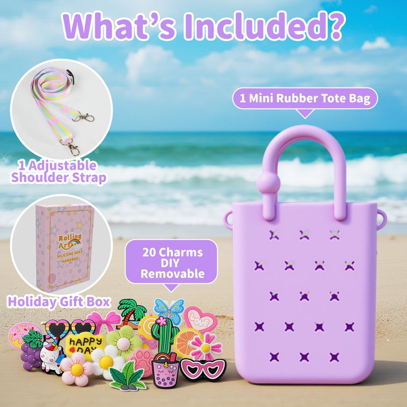 BestStone Silicone Mini Hole Handbag Toddler Purse with 20 Charms, Small Rubber Beach Bag With Adjustable Shoulder Strap, Mini Tote Bags for Little Girls and Woman Birthday Gift(Purple) - Image 4