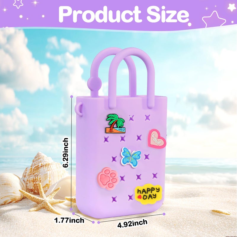 BestStone Silicone Mini Hole Handbag Toddler Purse with 20 Charms, Small Rubber Beach Bag With Adjustable Shoulder Strap, Mini Tote Bags for Little Girls and Woman Birthday Gift(Purple) - Image 3
