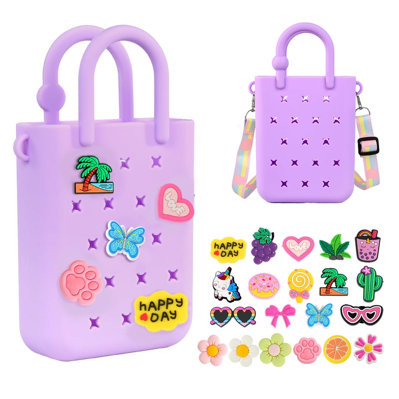 BestStone Silicone Mini Hole Handbag Toddler Purse with 20 Charms, Small Rubber Beach Bag With Adjustable Shoulder Strap, Mini Tote Bags for Little Girls and Woman Birthday Gift(Purple) - Image 1