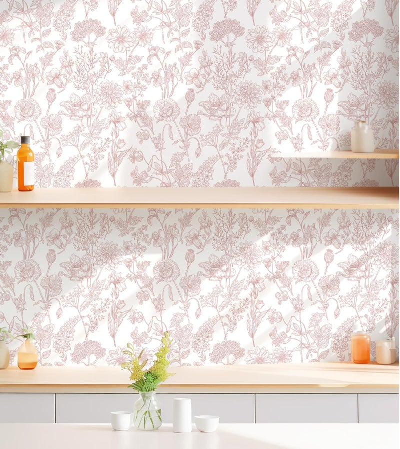 Toduso Peel and Stick Wallpaper Pink Floral Wall Paper Pink and White Contact Paper Removable Waterproof Flowers Wallpaper for Bedroom Bathroom Cabinets Vinyl 17.3" x 393.7" - Image 4