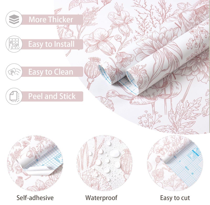 Toduso Peel and Stick Wallpaper Pink Floral Wall Paper Pink and White Contact Paper Removable Waterproof Flowers Wallpaper for Bedroom Bathroom Cabinets Vinyl 17.3" x 393.7" - Image 5