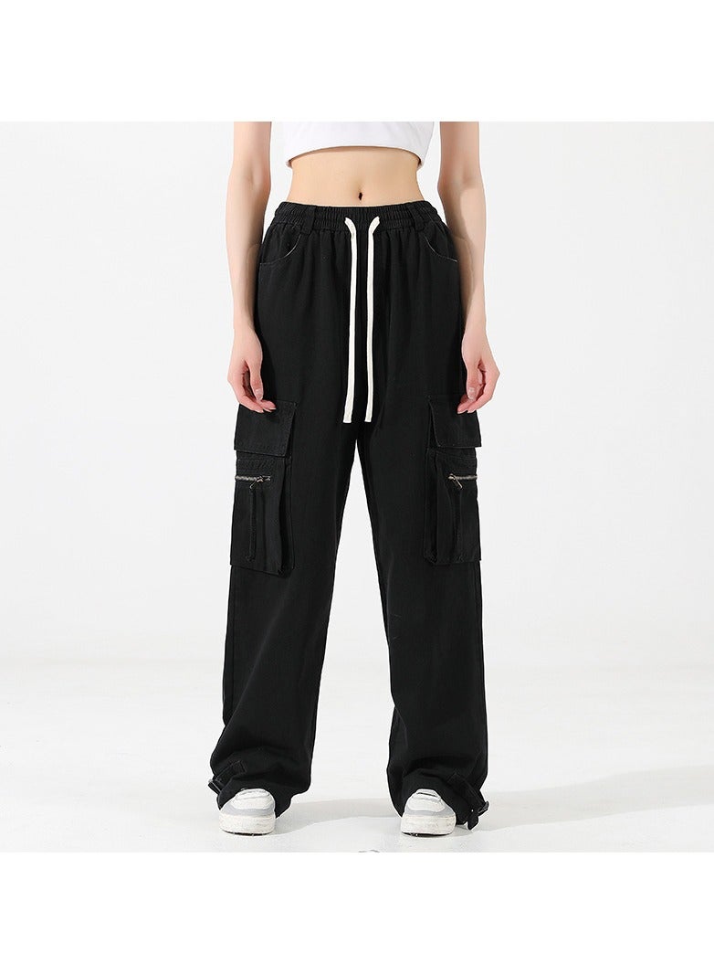 Loquat Men/Women Pure Cotton Straight Tube Multi Pocket Long Pants Hip-Hop Overalls Black  - Image 1