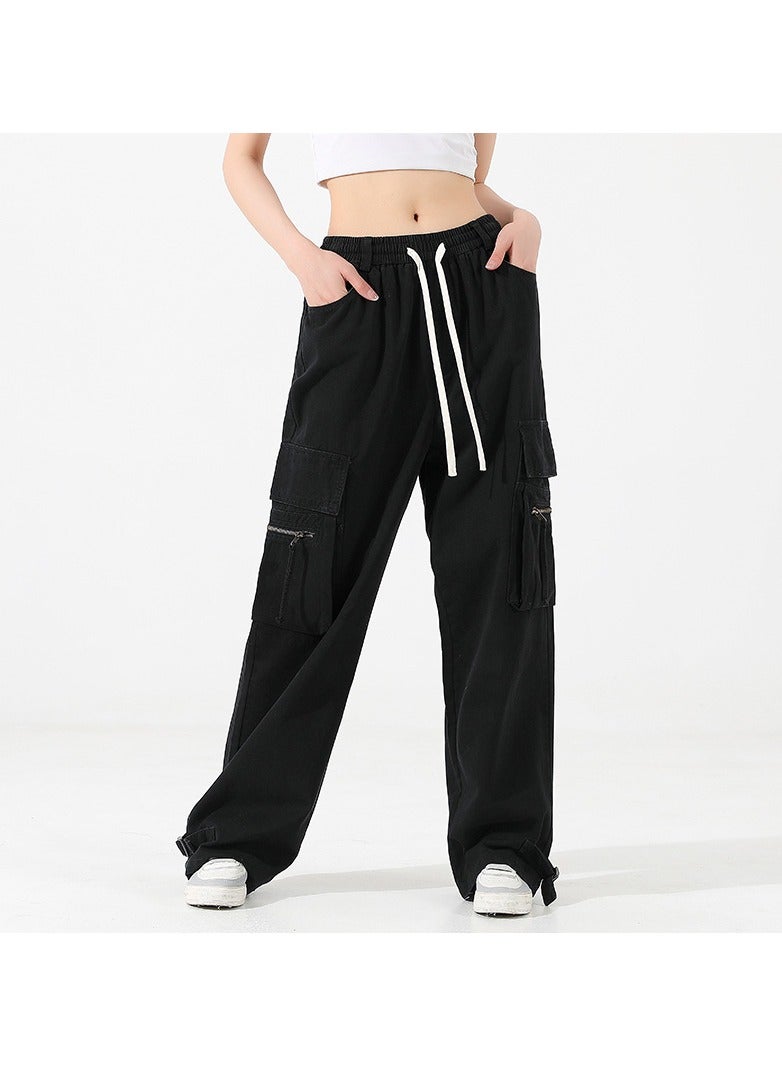 Loquat Men/Women Pure Cotton Straight Tube Multi Pocket Long Pants Hip-Hop Overalls Black  - Image 2