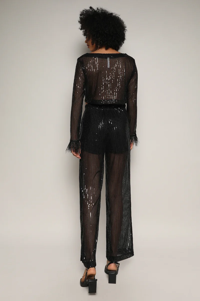 Campus Sutra Women's Onyx Black Sheer Sequin Co-Ord Set