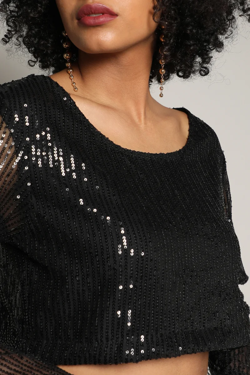 Campus Sutra Women's Onyx Black Sheer Sequin Co-Ord Set