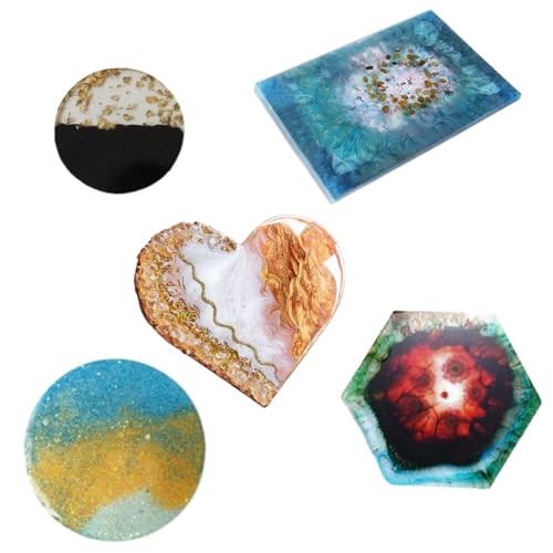 R H lifestyle Creative DIY Multipurpose Transparent Silicone Coaster Mold Circle Heart Rectangle Hexagon (Mix Shape, Pack of 5 Pcs) - Image 2