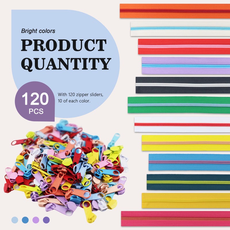 SHRJ 12Pcs 36 Yards Sewing Zippers #5 Nylon Coil in Assorted Colors with 120 Zipper Sliders Pull Head Zipper Repair Kit for DIY Tailor Sewing Crafts Supplies Clothes Bag - Image 3