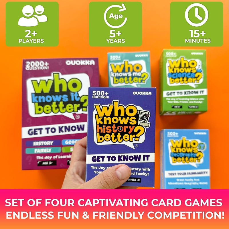 quokka Board Games for Kids 812  Set of 4 Family Card Games for Kids and Adults  Trivia Cards for Family Game Night  Who Knows It Better  2000 Questions History Geography Science  Fun Card Game - Image 3
