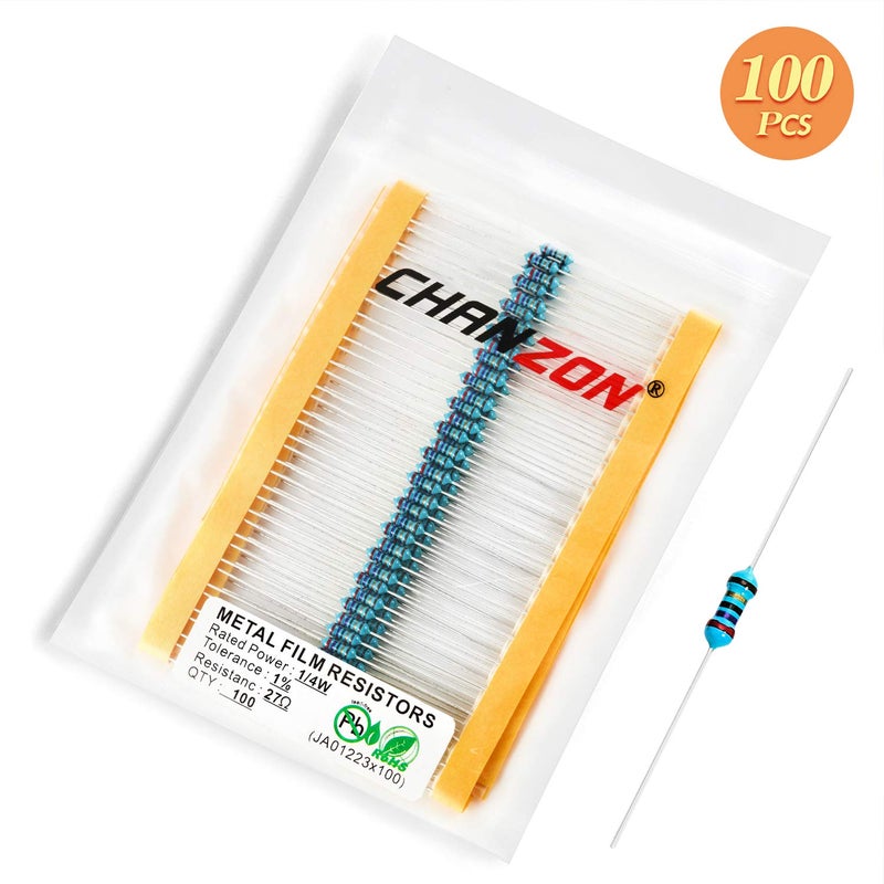 CHANZON 100pcs 1/4W (0.25W) 27 Ω ohm Metal Film Fixed Resistor 0.01 ±1% Tolerance 27R MF Through Hole Resistors Current Limiting Rohs Certificated - Image 5